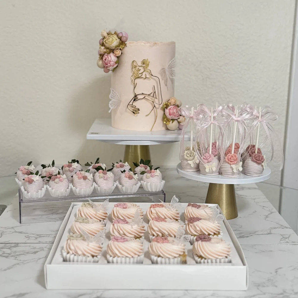 Baby shower cake with handcrafted chocolate silhouette, wafer paper butterflies and matching chocolate covered strawberries, cake pops and cupcakes, Boca Raton Florida