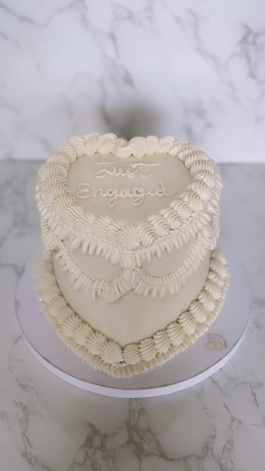 Just Engaged heart shaped buttercream cake with vintage piping, handcrafted in Boca Raton Florida